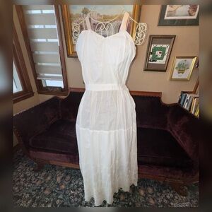 Antique/Vintage Edwardian White Cotton Eyelet Lace Pin-Tuck Slip Dress - S M